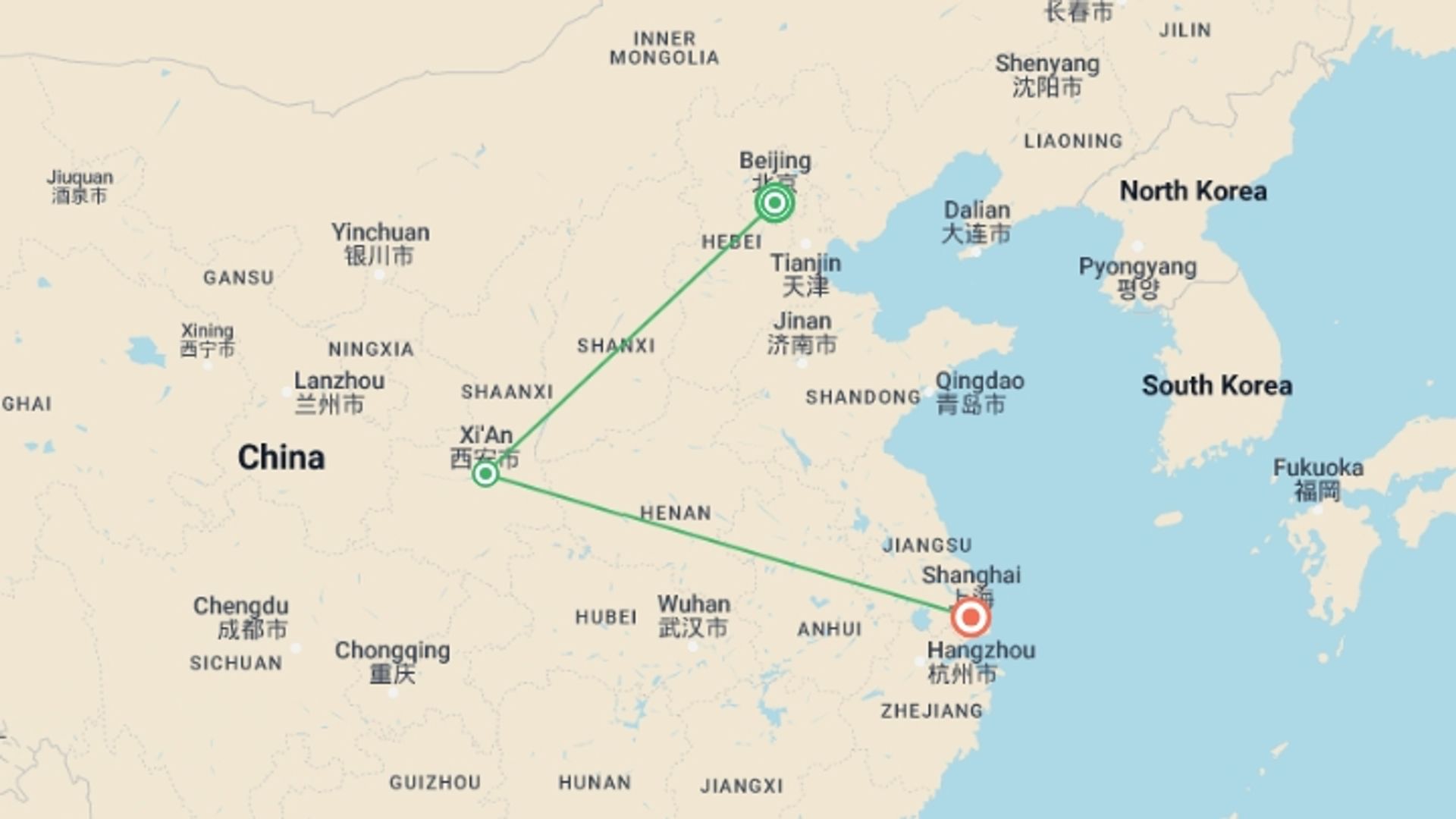 A map showing the tour itinerary for the trip: Classic China, starting in Beijing, China and ending in Shanghai, China going through 1 other destinations.