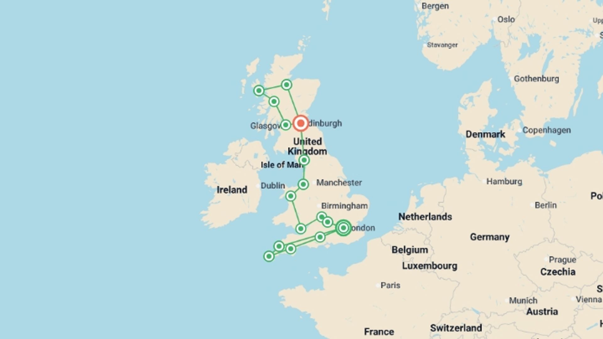 A map showing the tour itinerary for the trip: Best of the United Kingdom, starting in London, England and ending in Edinburgh, Scotland going through 14 other destinations.