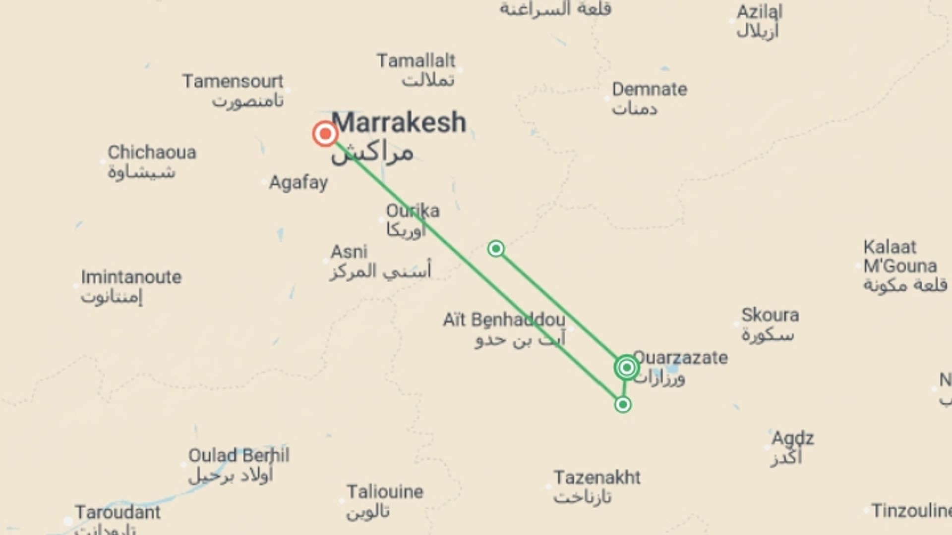 A map showing the tour itinerary for the trip: Ouarzazate Overnight, 2 Days, Private Tour, starting in Ouarzazate, Morocco and ending in Marrakech, Morocco going through 2 other destinations.