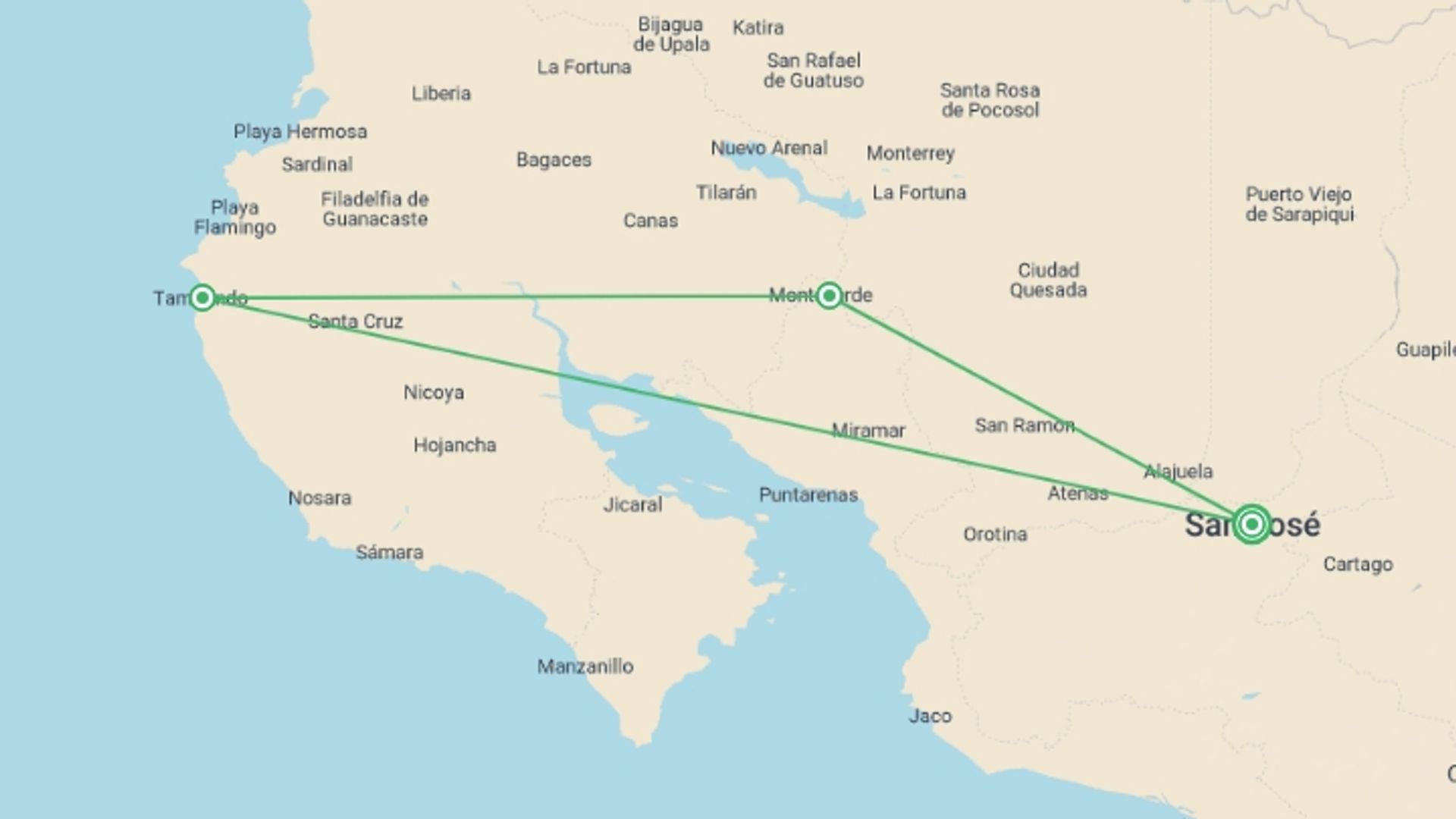 A map showing the tour itinerary for the trip: Costa Rica Natural Paradise, starting in San Jose, Costa Rica and ending in San Jose, Costa Rica going through 2 other destinations.