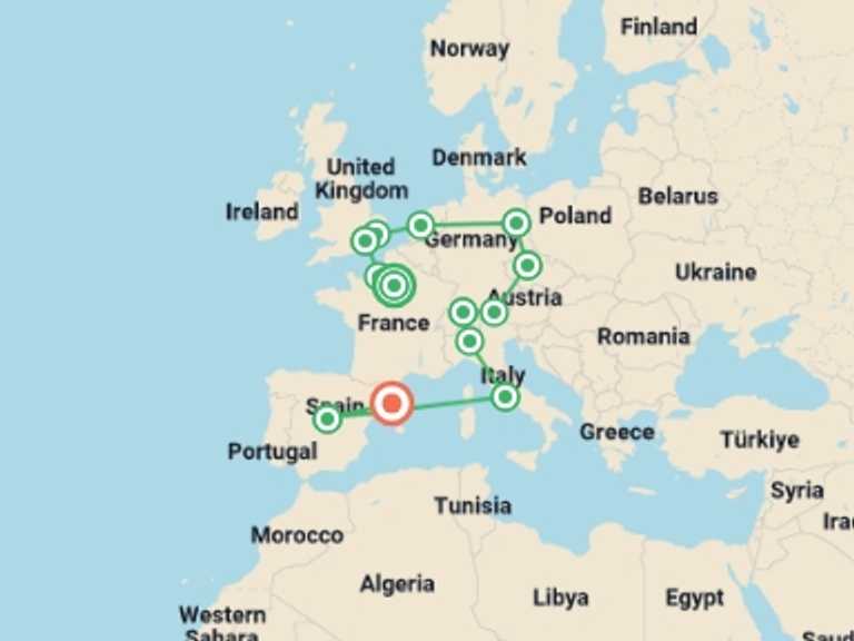 Map of France and Spain Tour with 13 destination visits for the trip: European Memories