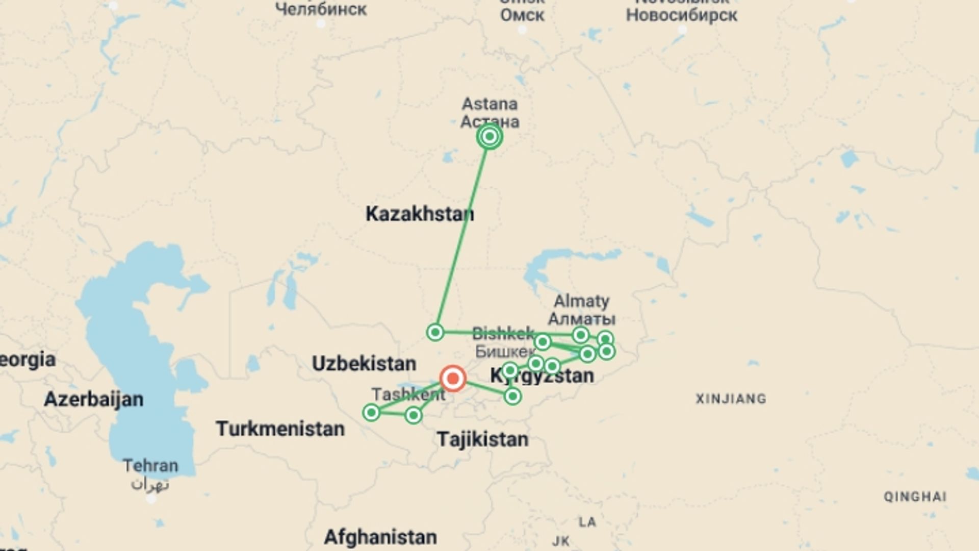 A map showing the tour itinerary for the trip: Astana to Tashkent, starting in Astana, Kazakhstan and ending in Tashkent, Uzbekistan going through 12 other destinations.