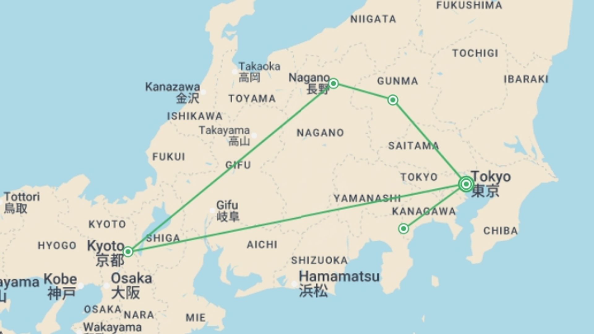 A map showing the tour itinerary for the trip: Tokyo, Kyoto, Alps and Fuji, starting in Tokyo, Japan and ending in Tokyo, Japan going through 4 other destinations.