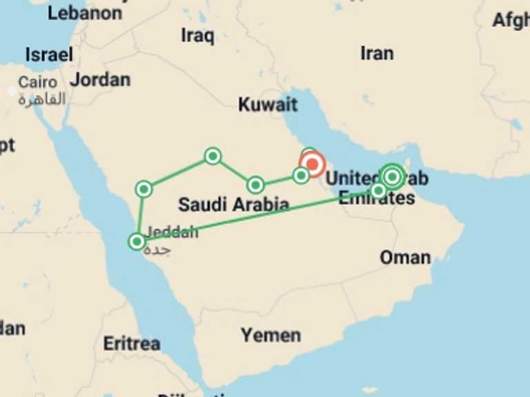 Map itinerary of Dubai Tour in December 2025 with 10 destination visits for the trip: Emirates and Classics of Arabia end Bahrein