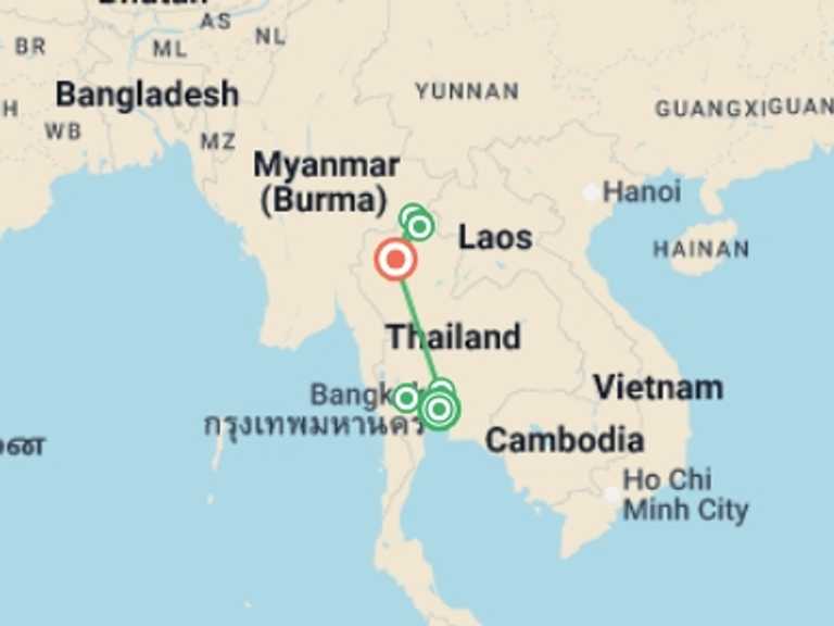 Map itinerary of South East Asia Tour in October 2025 with 7 destination visits for the trip: Beautiful Northern Thailand