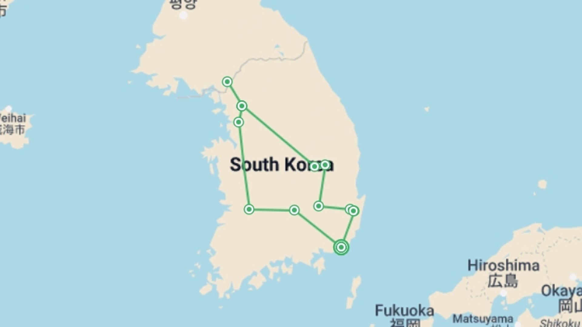 A map showing the tour itinerary for the trip: Magical Corners of Korea, starting in Busan, South Korea and ending in Busan, South Korea going through 3 other destinations.