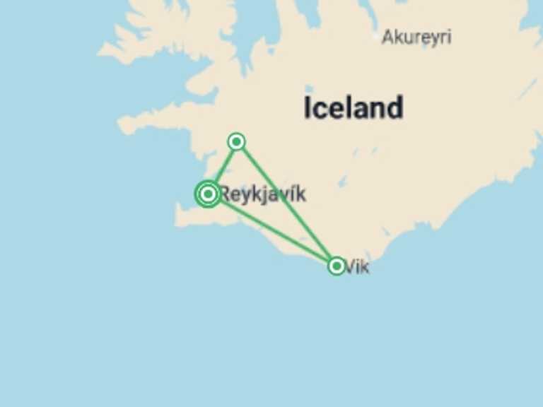 Map itinerary of Europe Tour in April 2026 with 3 destination visits for the trip: Iceland’s Midnight Sun: Glaciers, Geysers, and the Golden Circle 