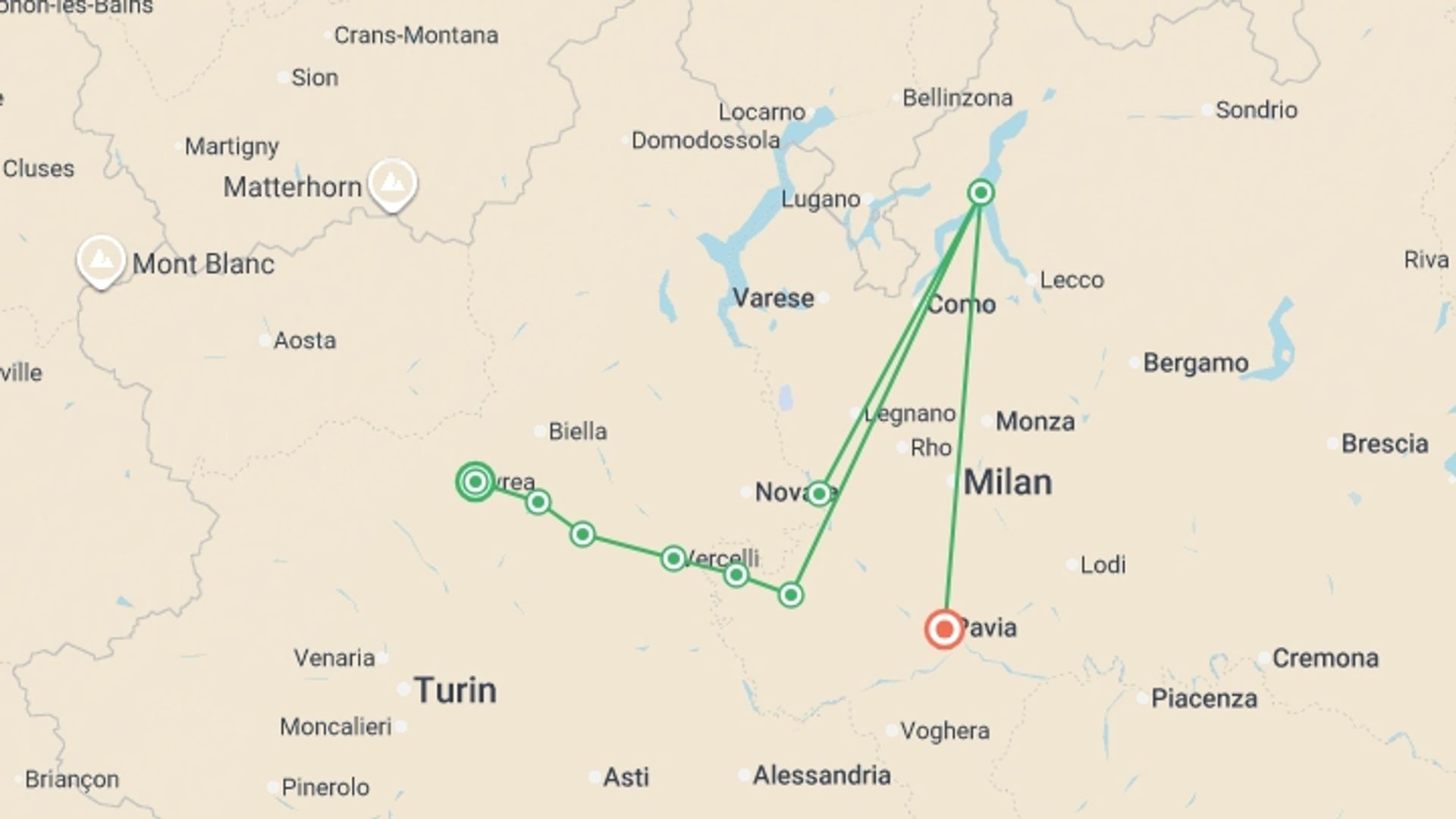 A map showing the tour itinerary for the trip: Via Francigena: Ivrea to Pavia, starting in Ivrea, Italy and ending in Pavia, Italy going through 5 other destinations.