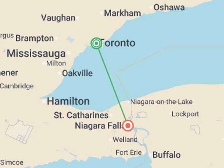 Map of Canada Tour with 2 destination visits for the trip: Toronto and Niagara