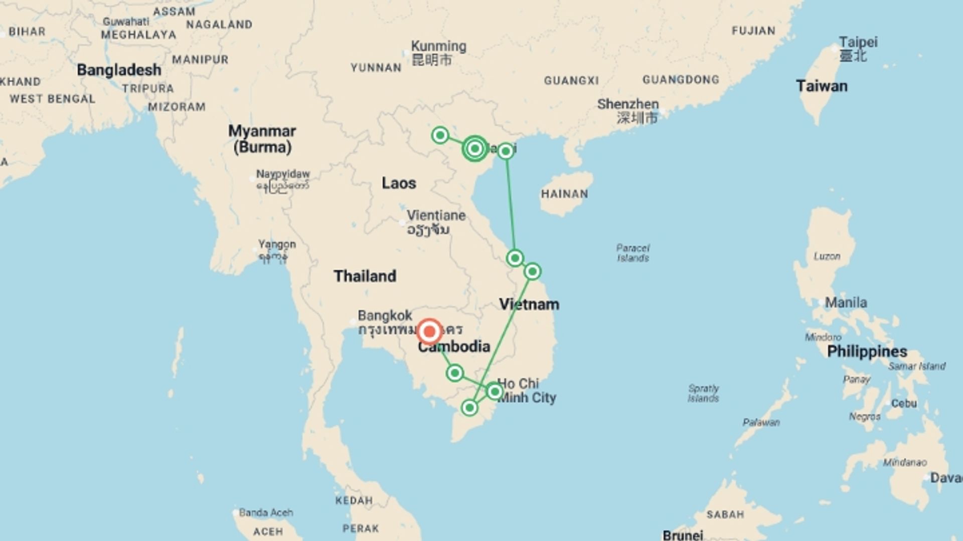 A map showing the tour itinerary for the trip: Walking in Vietnam + Cambodia Highlights, starting in Hanoi, Vietnam and ending in Siem Reap, Cambodia going through 8 other destinations.