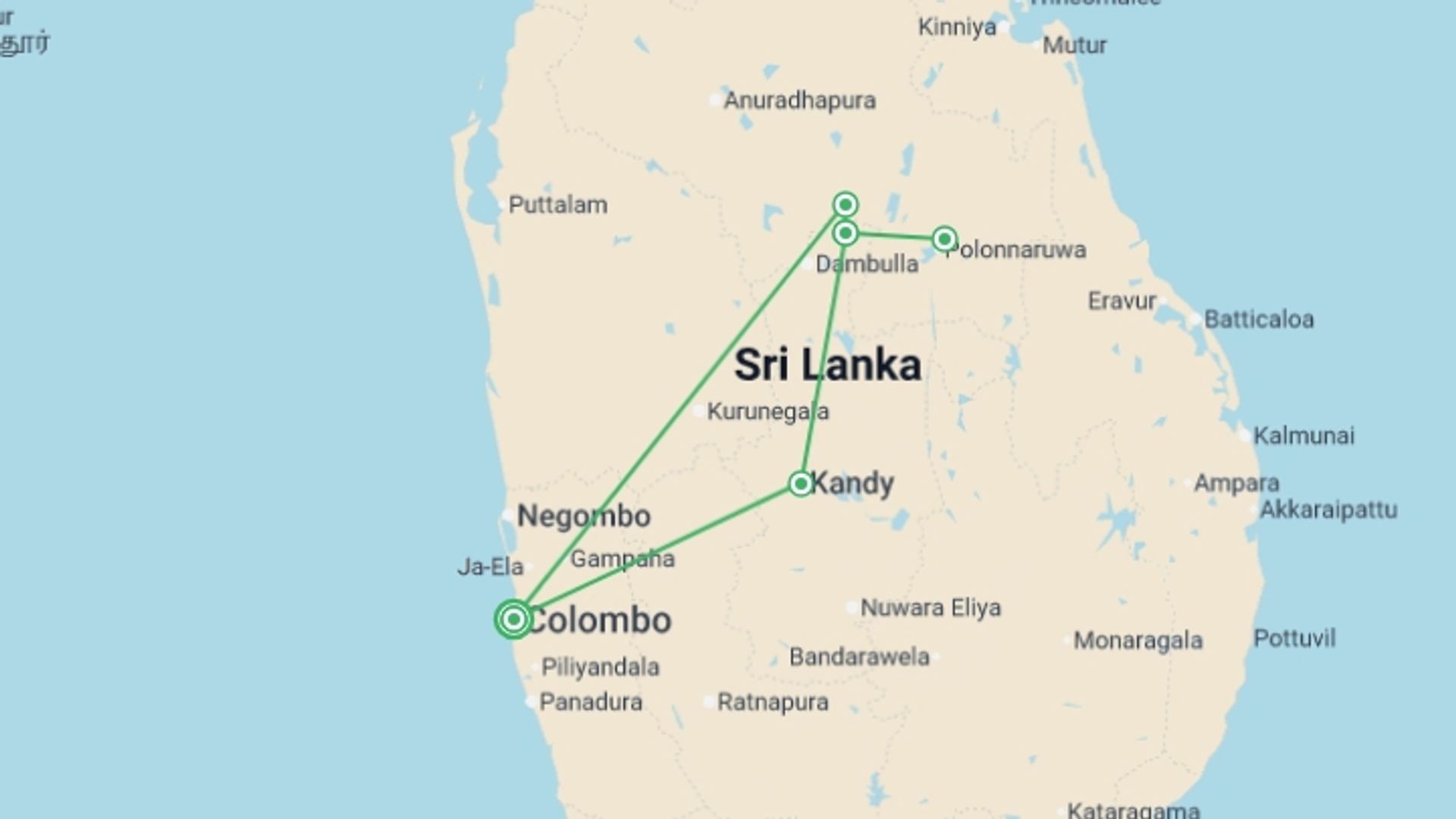 A map showing the tour itinerary for the trip: Splendors Of Sri Lanka, Private Tour, starting in Colombo, Sri Lanka and ending in Colombo, Sri Lanka going through 3 other destinations.