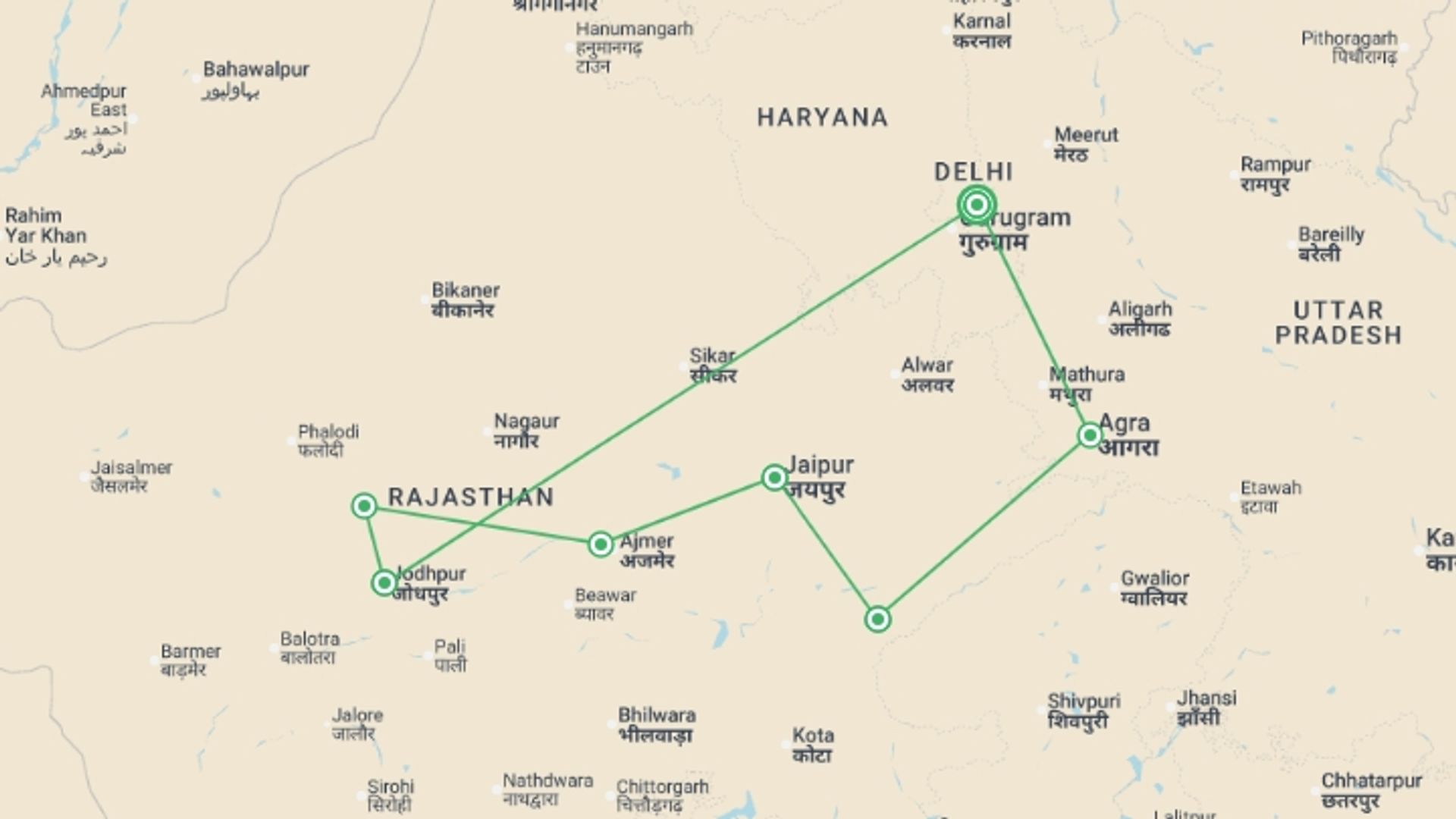 A map showing the tour itinerary for the trip: Rajasthan & Golden Triangle Adventure  - 13 days, starting in New Delhi, India and ending in New Delhi, India going through 6 other destinations.
