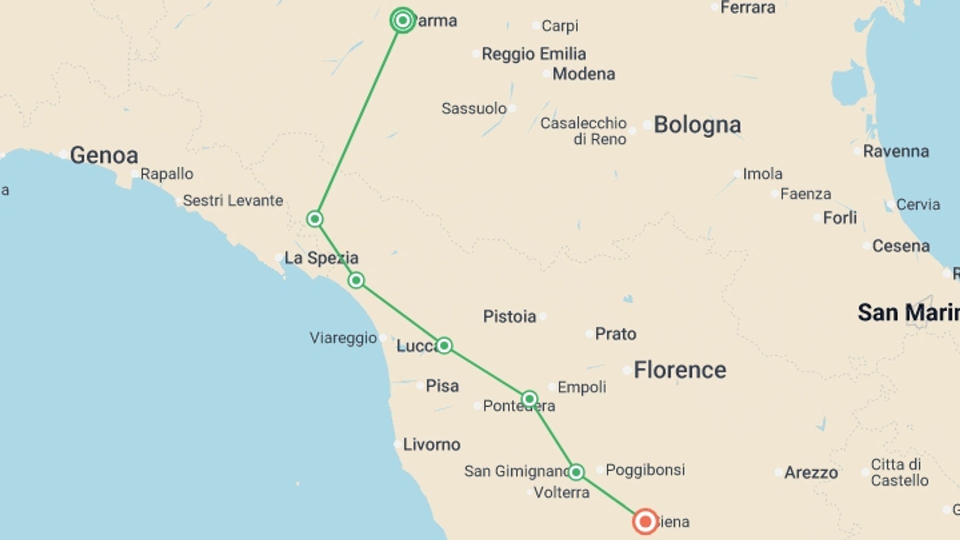 A map showing the tour itinerary for the trip: Cycle the Via Francigena - Parma to Siena, starting in Parma, Italy and ending in Siena, Italy going through 5 other destinations.