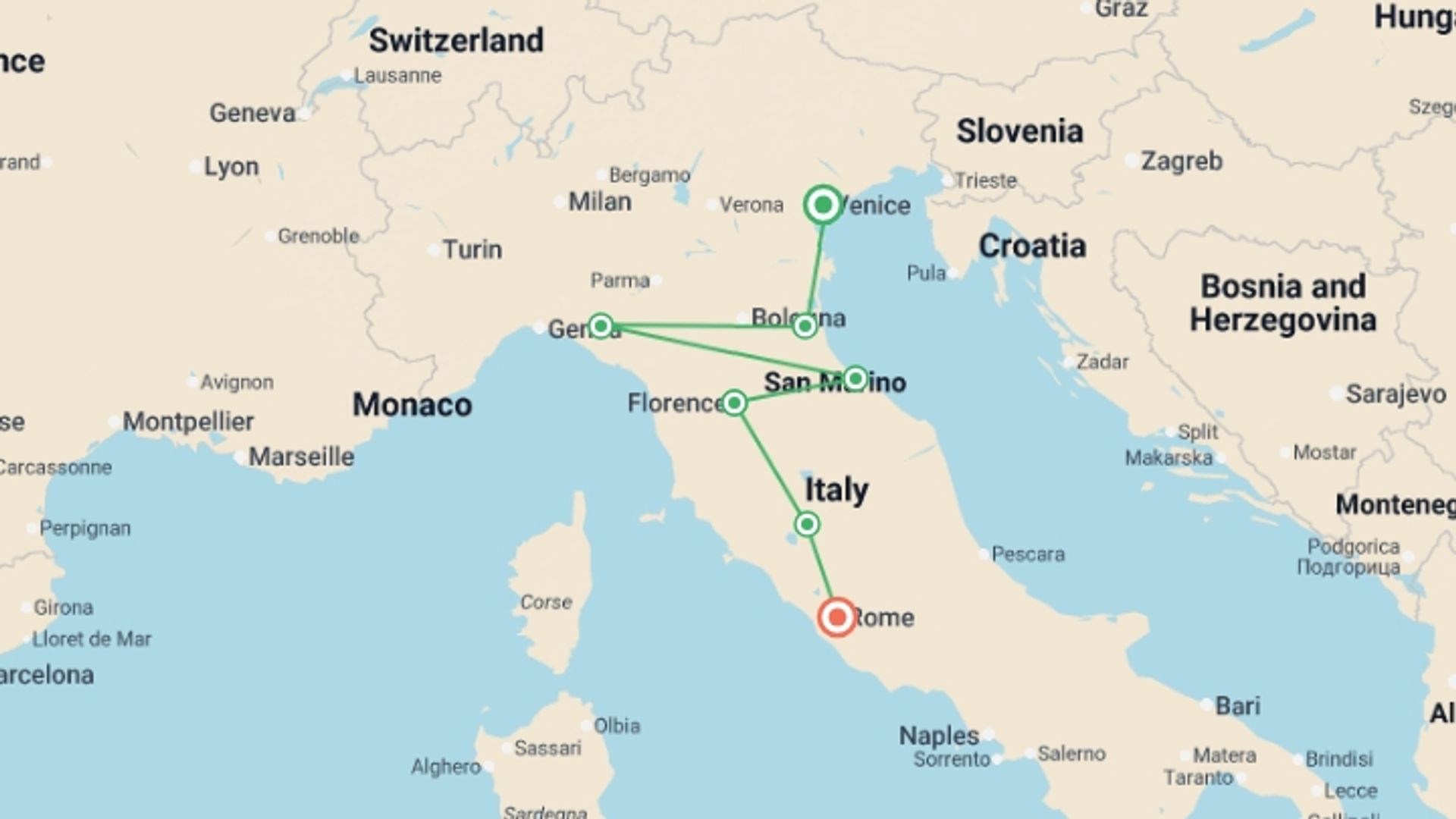 A map showing the tour itinerary for the trip: Best of Italy , starting in Venice, Italy and ending in Rome, Italy going through 4 other destinations.