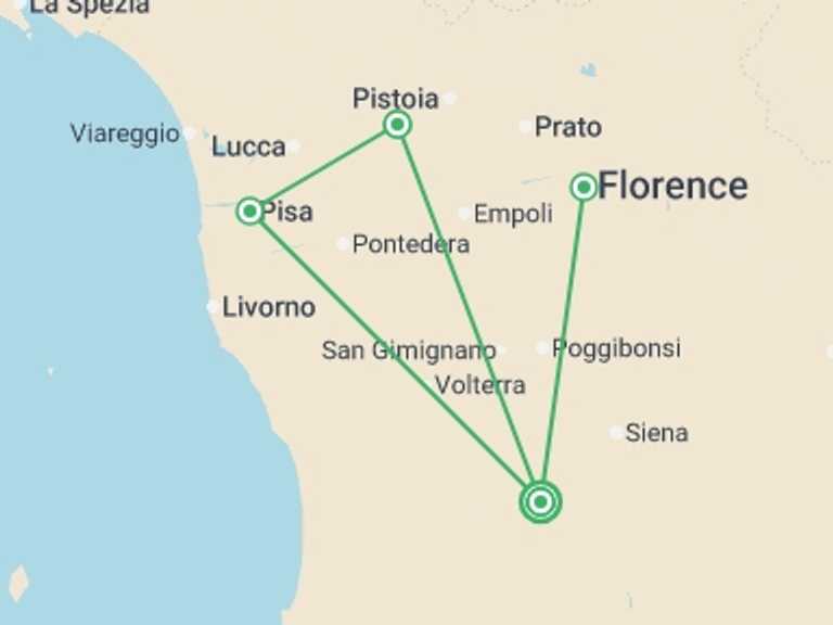 Map itinerary of Mediterranean Tour in July 2026 with 4 destination visits for the trip: Tuscany Wellness & Cultural Escape