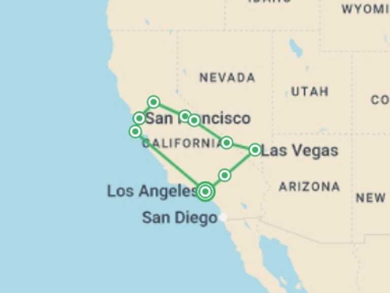 Map of Yosemite National Park Tour with 7 destination visits for the trip: Western American Panorama