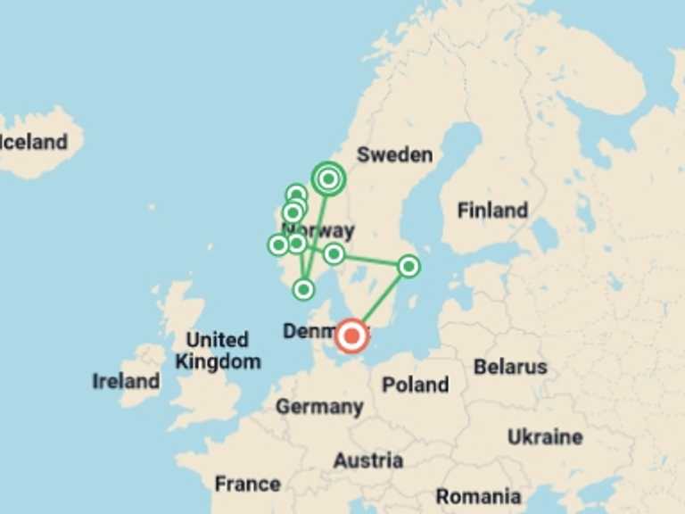 Map of Europe Tour with 7 destination visits for the trip: The beautiful Norway and Nordic Capitals
