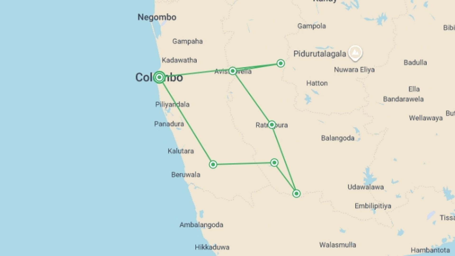 A map showing the tour itinerary for the trip: The Vivid Green Of Sri Lanka, Private Tour, starting in Colombo, Sri Lanka and ending in Colombo, Sri Lanka going through 1 other destinations.