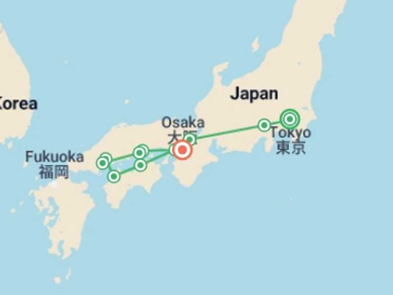 Map of 12-Day Osaka Tour with 8 destination visits for the trip: Wonders of Japan End Osaka