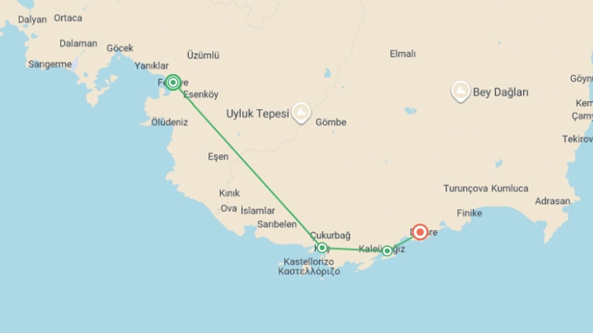 A map showing the tour itinerary for the trip: Mediterranean Dreaming- Fethiye to Demre, starting in Fethiye, Turkey and ending in Demre, Turkey going through 2 other destinations.