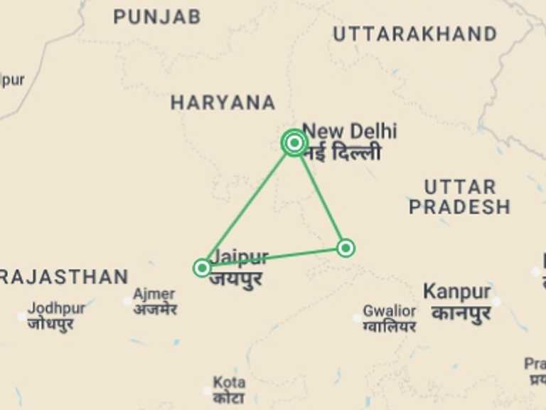 Map itinerary of New Delhi Tour in Fall with 3 destination visits for the trip: Treasures of India - 8 days 