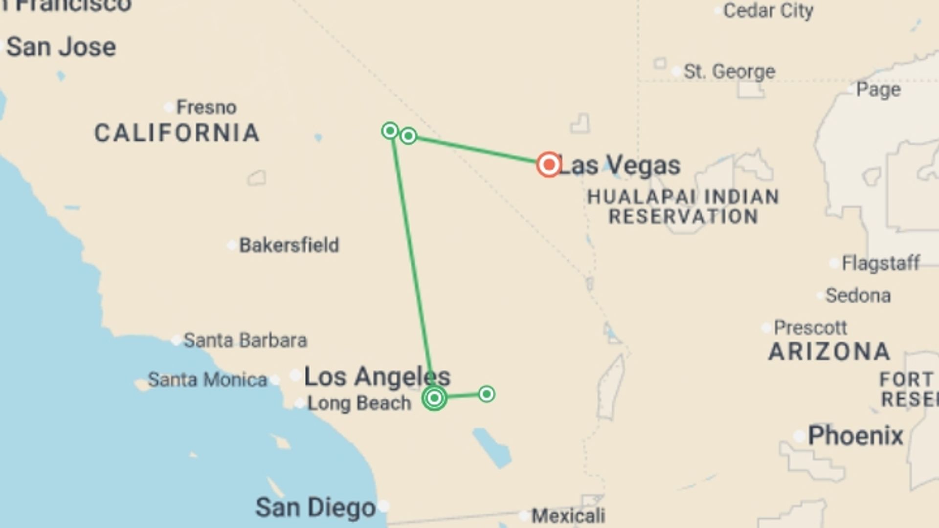A map showing the tour itinerary for the trip: Palm Springs, Joshua Tree & Death Valley 2027 - 7 days, starting in Palm Springs, USA and ending in Las Vegas, USA going through 1 other destinations.