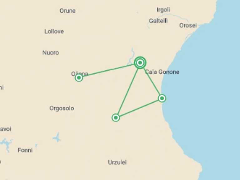 Map itinerary of Italy Tour in August 2027 with 4 destination visits for the trip: Sardinia Adventure