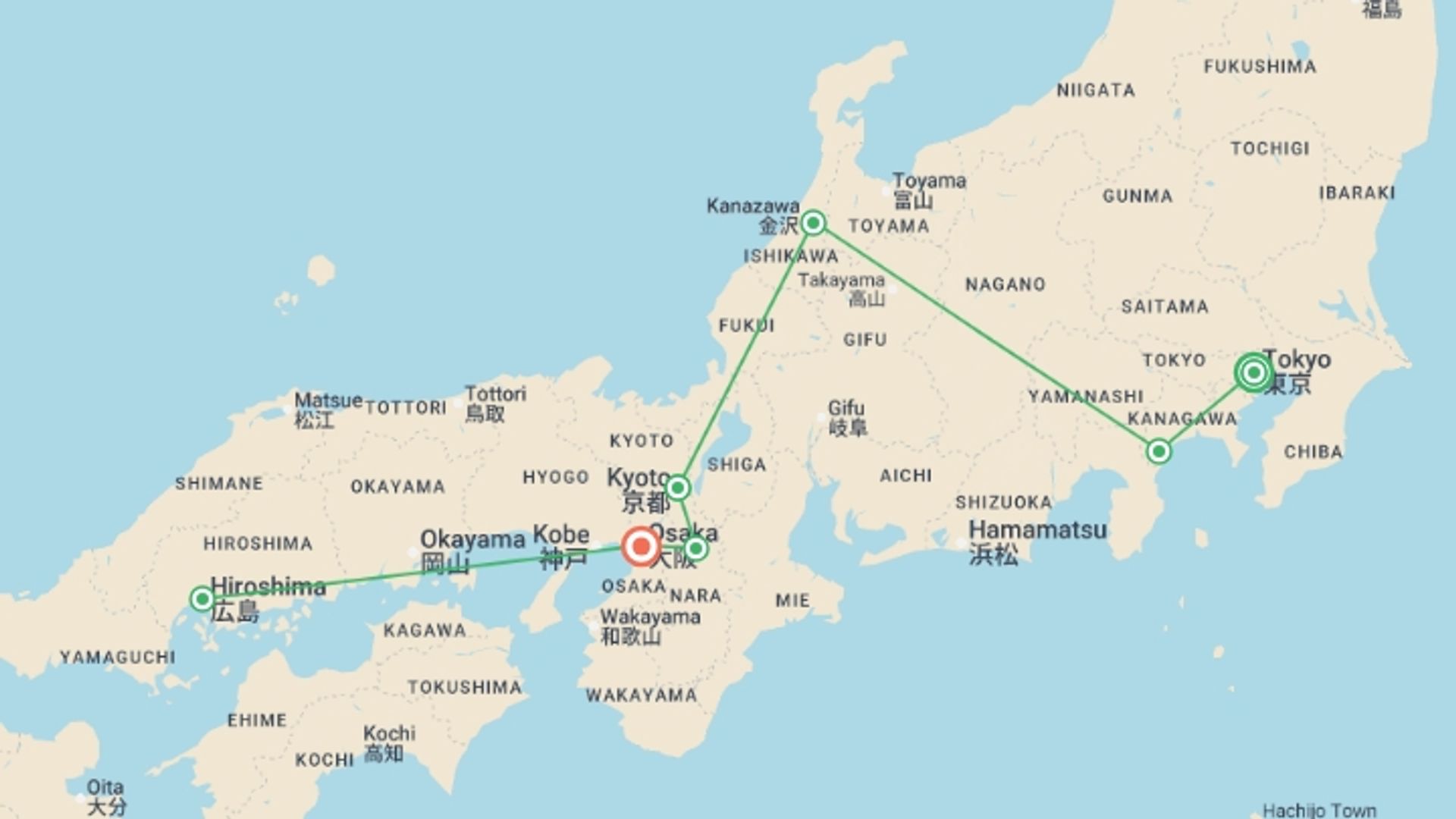 A map showing the tour itinerary for the trip: Japan Cherry Blossom Highlights Tour, starting in Tokyo, Japan and ending in Osaka, Japan going through 4 other destinations.