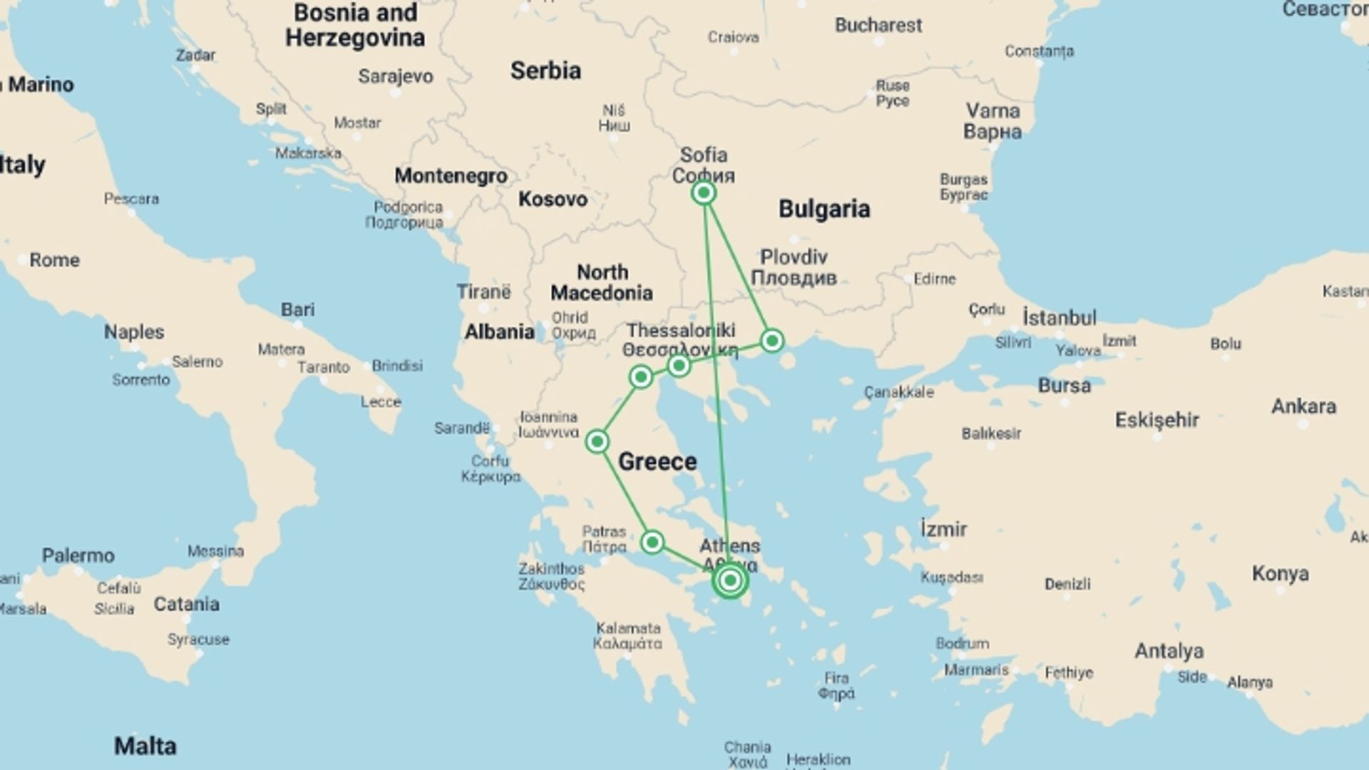 A map showing the tour itinerary for the trip: Balkan Express, starting in Athens, Greece and ending in Athens, Greece going through 4 other destinations.