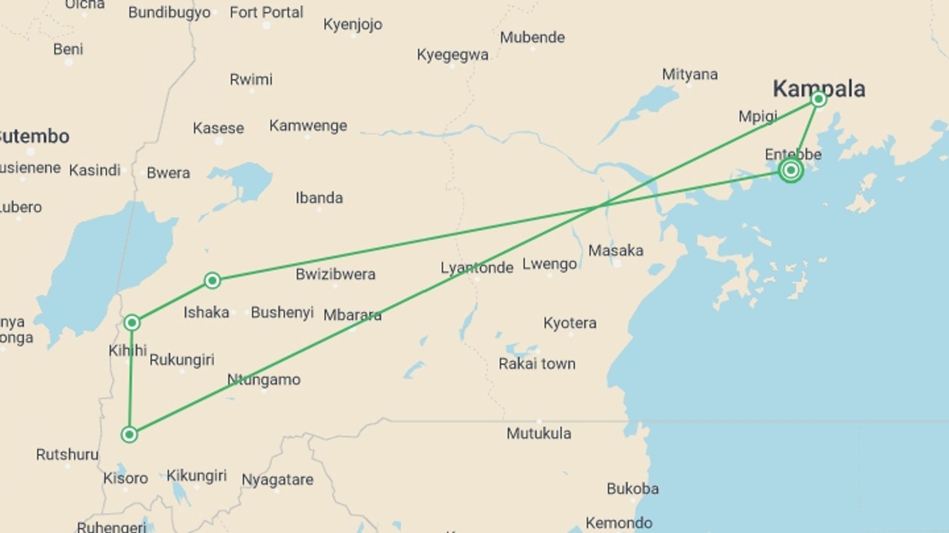 A map showing the tour itinerary for the trip: 4 days Gorilla Trekking & Chimp Tracking in Uganda, starting in Entebbe, Uganda and ending in Entebbe, Uganda going through 4 other destinations.