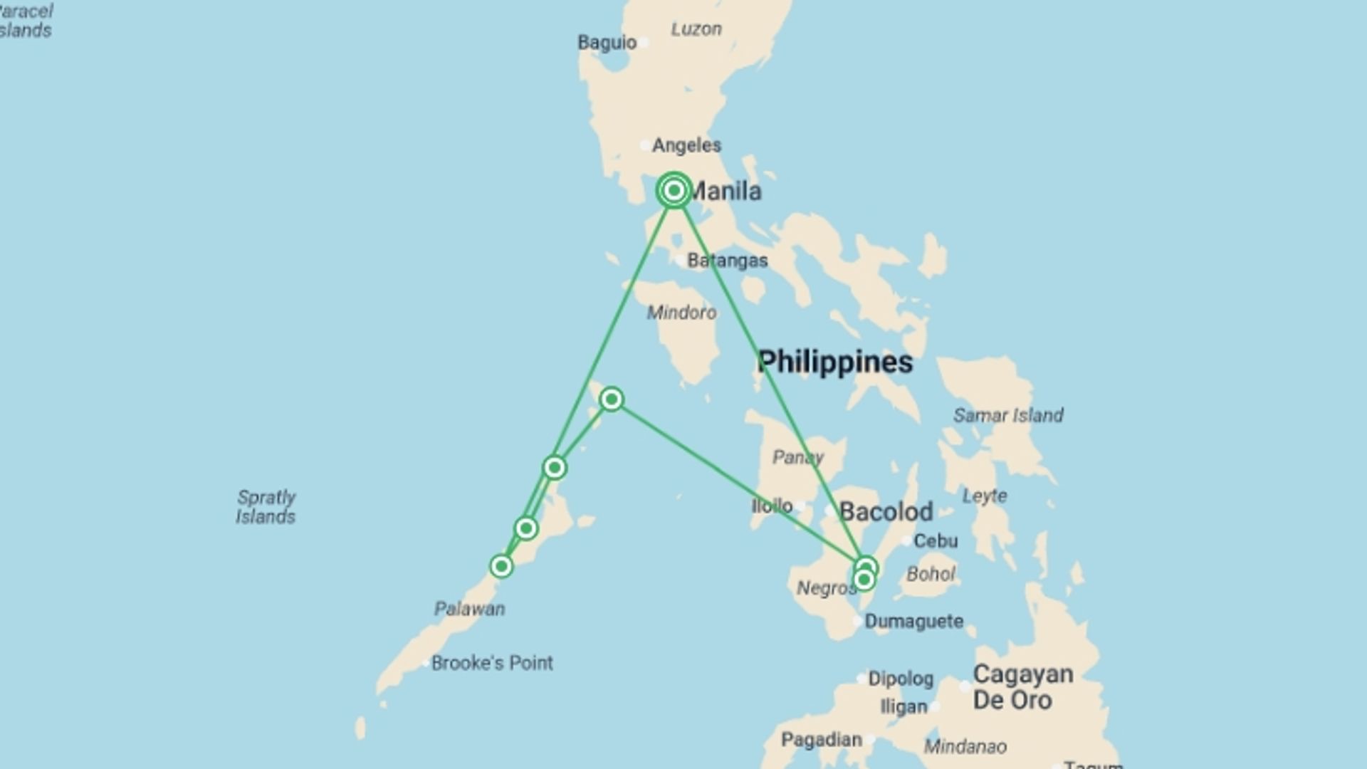 A map showing the tour itinerary for the trip: Philippines Island Explorer 17 day, starting in Manila, Philippines and ending in Manila, Philippines going through 5 other destinations.