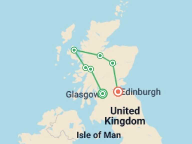 Map of Glasgow Tour with 5 destination visits for the trip: Highlights of Scotland