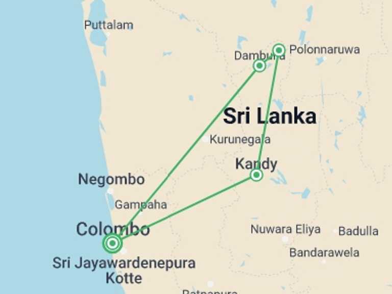 Map of Sri Lanka Tour with 2 destination visits for the trip: A Glimpse Of Culture