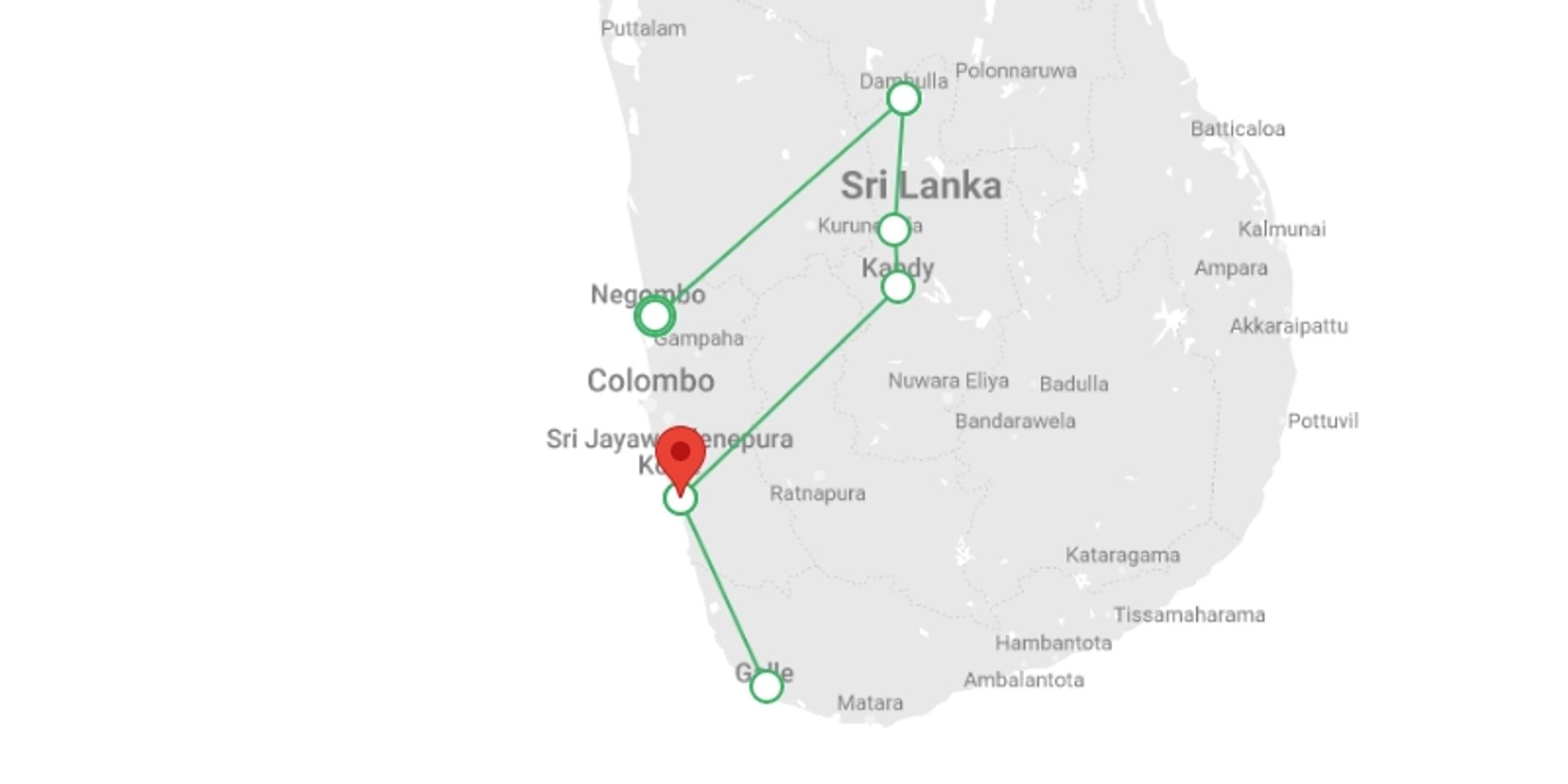 A map showing the tour itinerary for the trip: Picturesque Solo Sri Lanka Tour, starting in Negombo, Sri Lanka and ending in Wadduwa, Sri Lanka going through 2 other destinations.