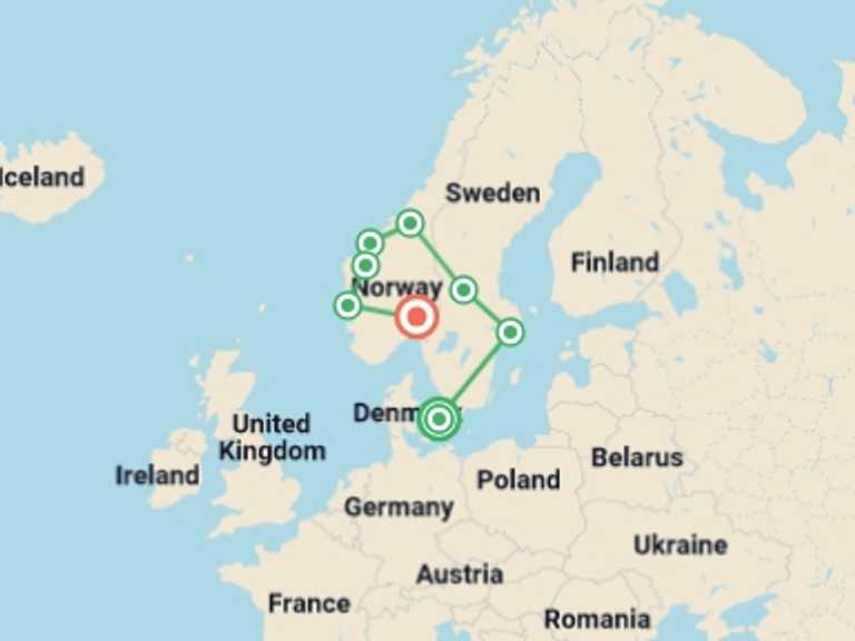 Map of Europe Tour with 8 destination visits for the trip: Nordic Tour End Oslo