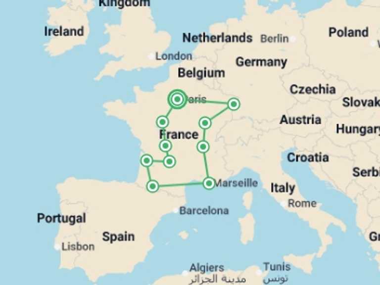 Map of Mediterranean Tour with 10 destination visits for the trip: Enchanted France