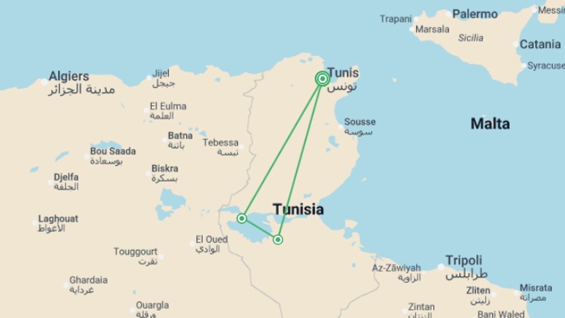 A map showing the tour itinerary for the trip: Tunisian Encounters, starting in Cape Town, South Africa and ending in Cape Town, South Africa going through 3 other destinations.