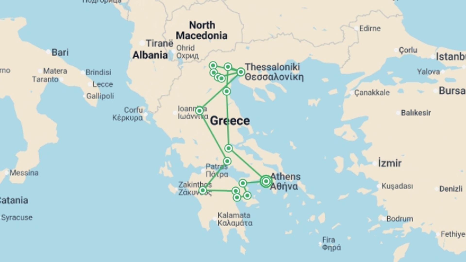 A map showing the tour itinerary for the trip: Grand Tour In Greece, Private Tour, starting in Athens, Greece and ending in Athens, Greece going through 4 other destinations.