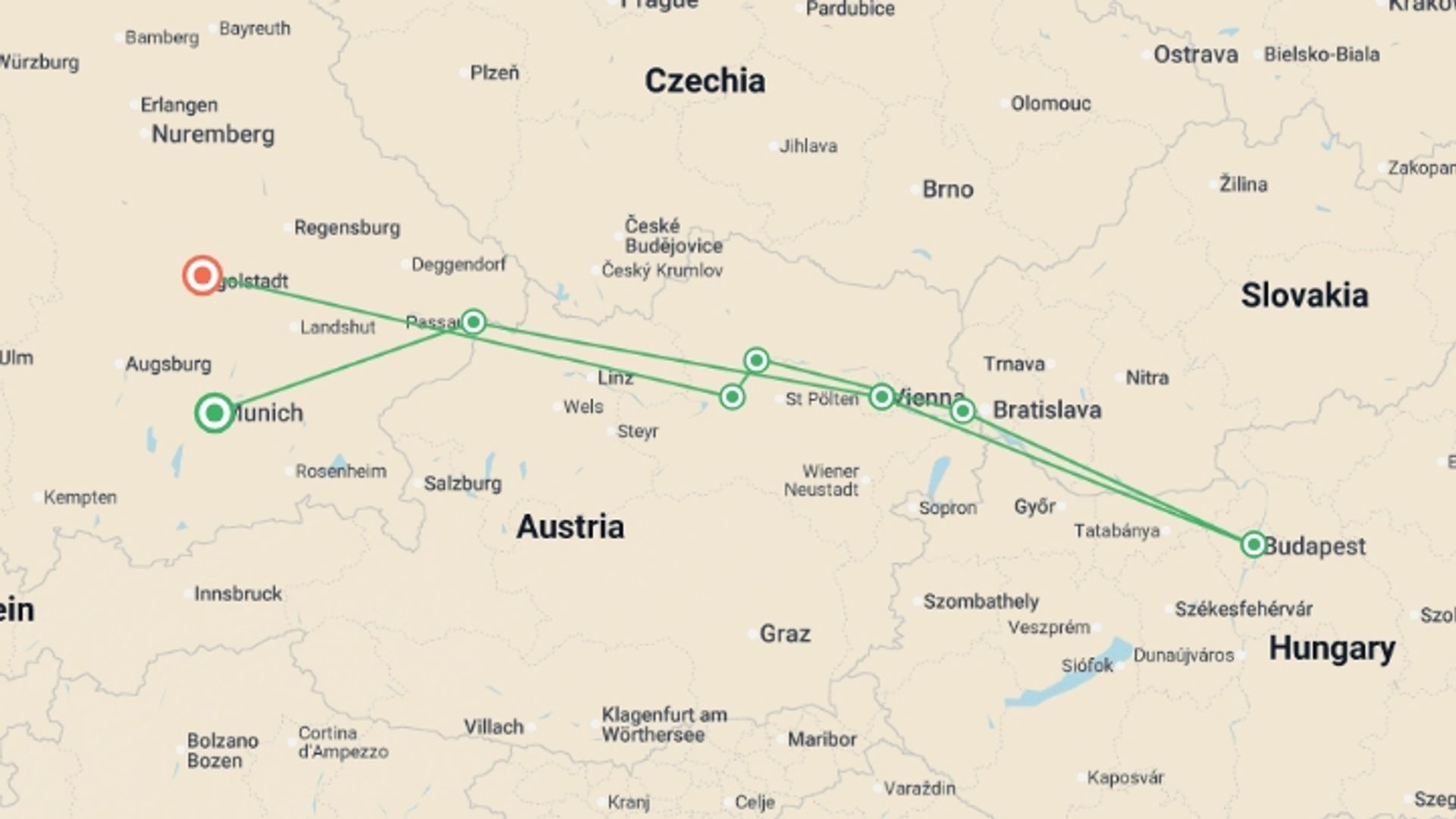 A map showing the tour itinerary for the trip: Magical Danube Cruise, starting in Munich, Germany and ending in Bavaria, Germany going through 5 other destinations.