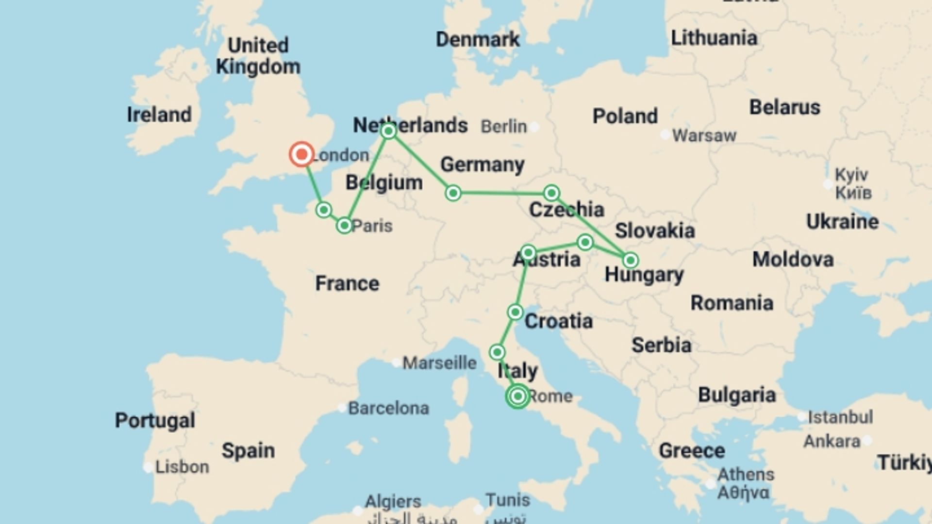 A map showing the tour itinerary for the trip: European Dance GO, starting in Rome, Italy and ending in London, England going through 10 other destinations.