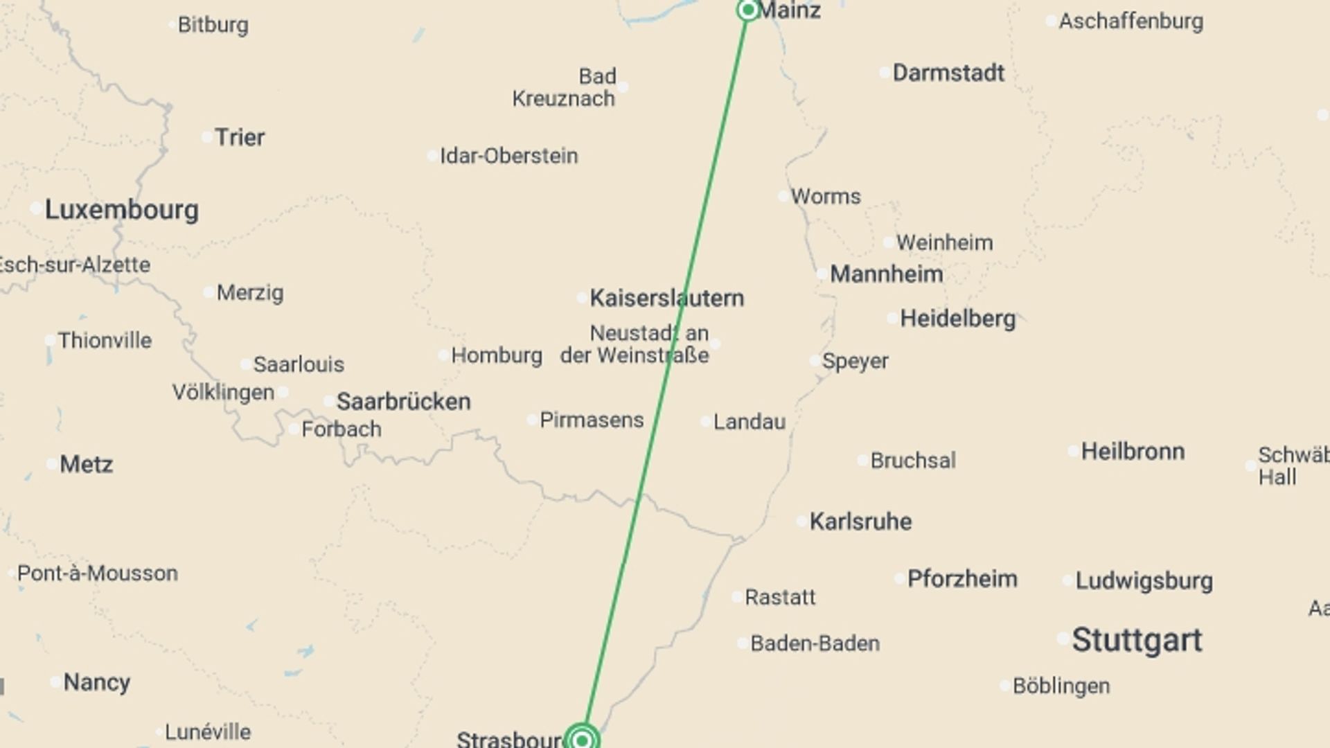 A map showing the tour itinerary for the trip: Ring in the New Year on a Rhine River Cruise (port-to-port cruise), starting in Strasbourg, France and ending in Strasbourg, France going through 1 other destinations.
