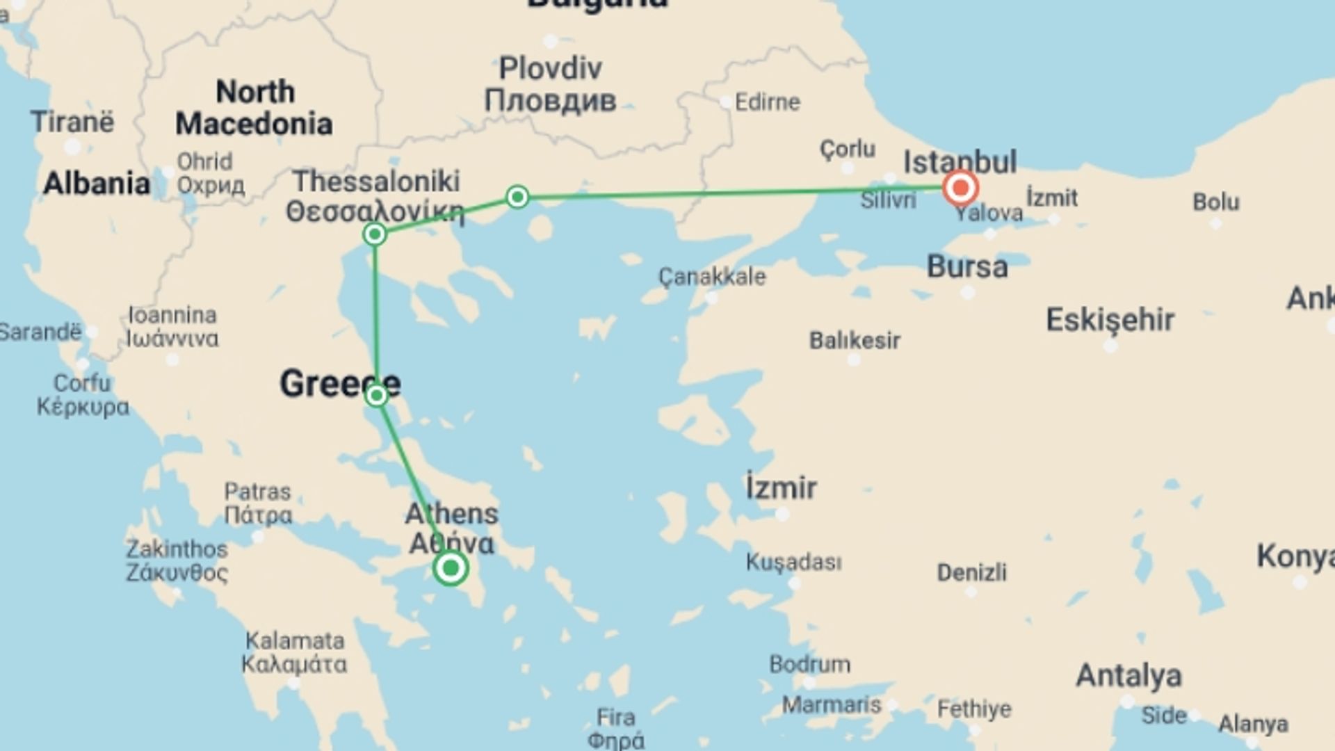 A map showing the tour itinerary for the trip: Greece & Turkey: Athens to Istanbul Adventure, starting in Athens, Greece and ending in Istanbul, Turkey going through 3 other destinations.