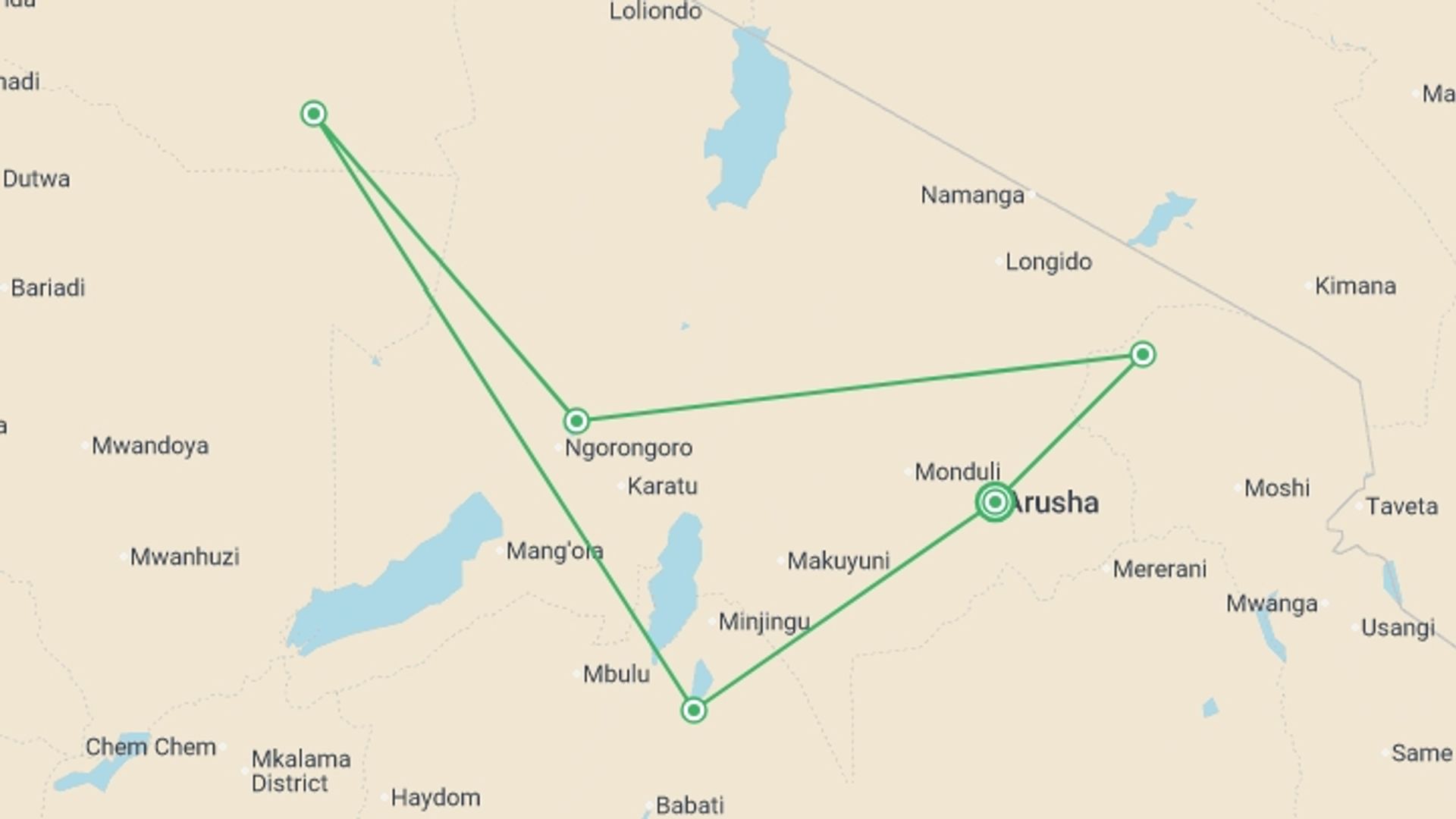A map showing the tour itinerary for the trip: Serengeti & Ngorongoro Safari 4D/3N, starting in Arusha, Tanzania and ending in Arusha, Tanzania going through 3 other destinations.