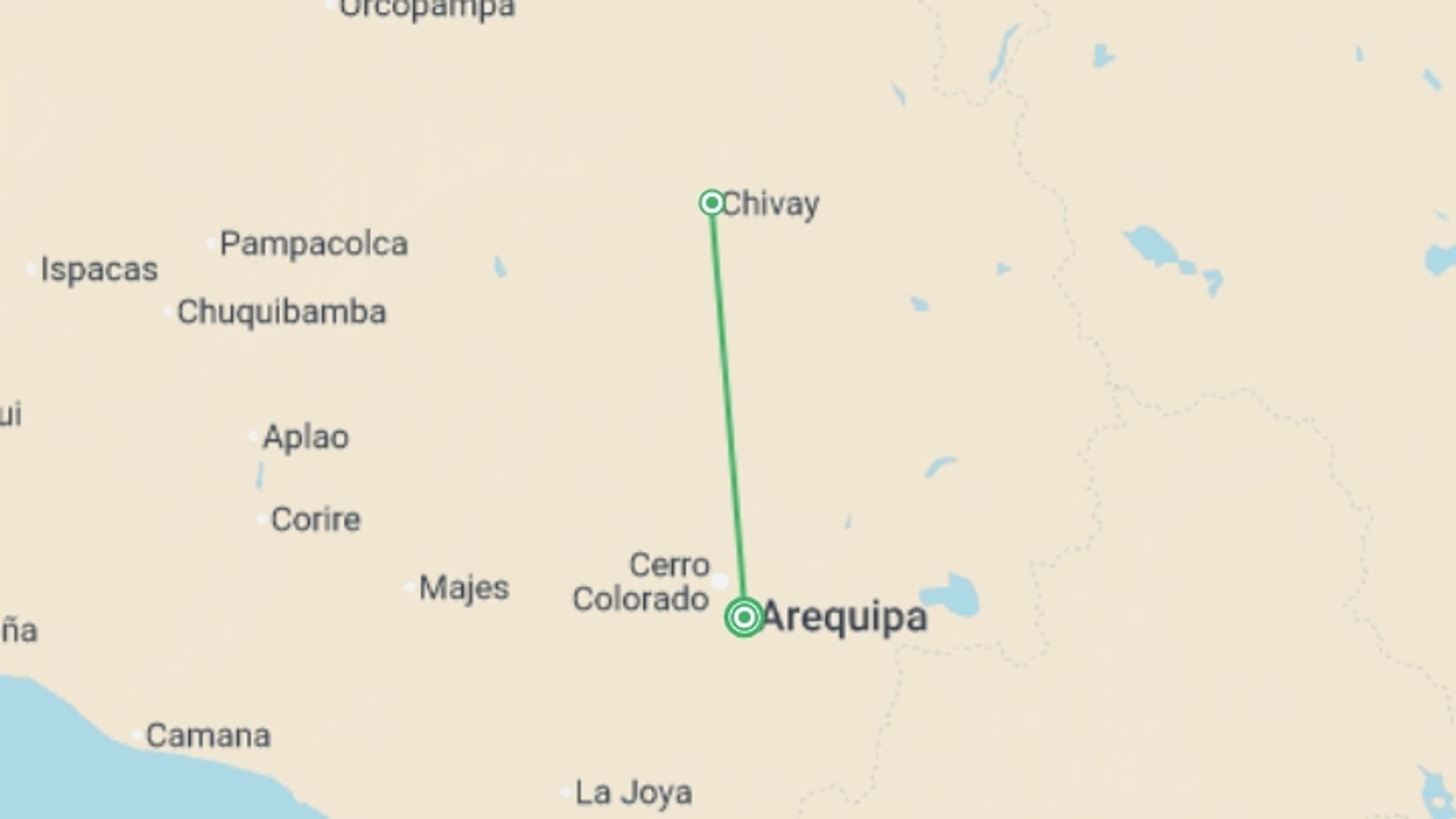 A map showing the tour itinerary for the trip: 3-day Colca Canyon Trek and transfer to Puno - Shared Room, starting in Arequipa, Peru and ending in Arequipa, Peru going through 1 other destinations.