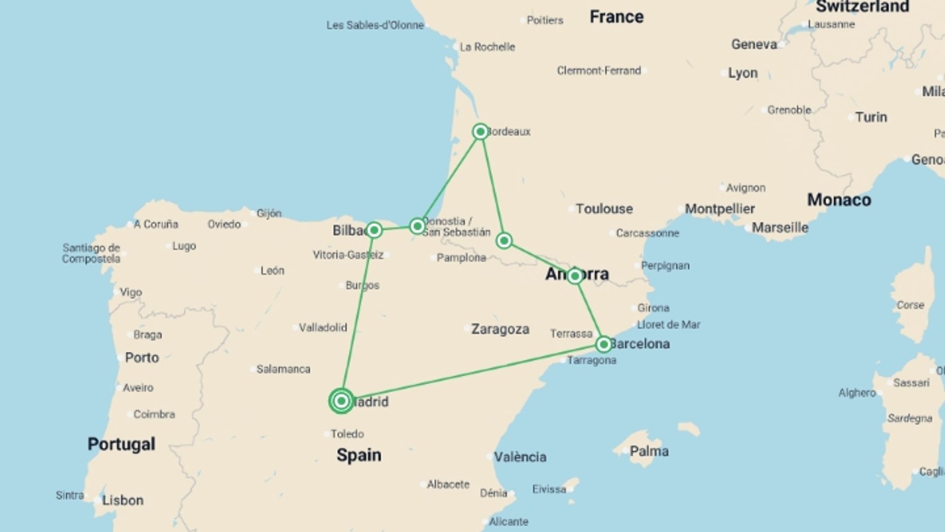 A map showing the tour itinerary for the trip: Basque Country, Andorra and Barcelona with Lourdes, starting in Madrid, Spain and ending in Madrid, Spain going through 6 other destinations.