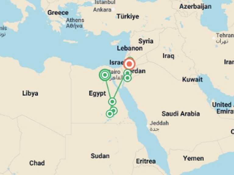 Map itinerary of Mediterranean Tour in Summer with 10 destination visits for the trip: Discover Egypt & Jordan