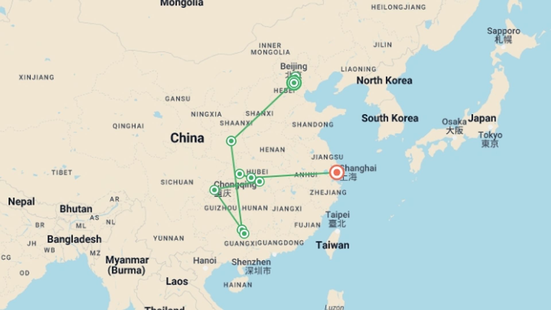 A map showing the tour itinerary for the trip: 13 Days Relaxing China Tour & Yangtze Cruise, starting in Beijing, China and ending in Shanghai, China going through 7 other destinations.