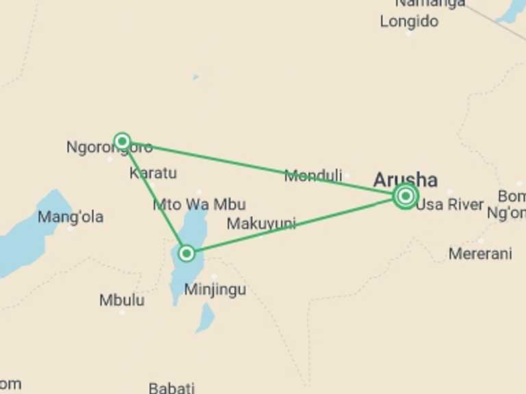 Map of Ngorongoro Crater Tour with 5 destination visits for the trip: 2 Days Safari - Lake Manyara & Ngorongoro