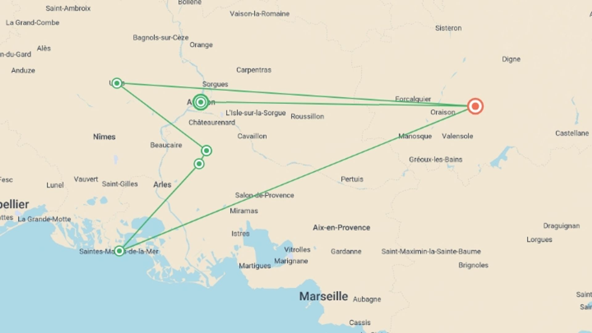 A map showing the tour itinerary for the trip: Cycle Provence, starting in Avignon, France and ending in Provence, France going through 4 other destinations.