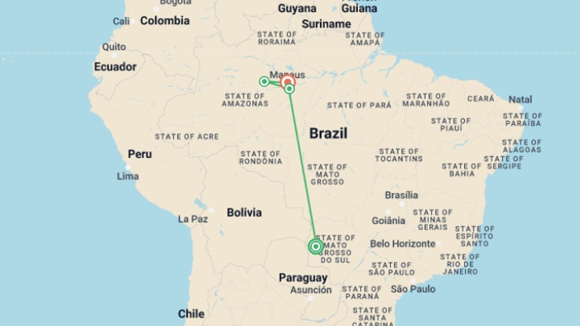 A map showing the tour itinerary for the trip: Pantanal & Amazon Wildlife, starting in Pantanal, Brazil and ending in Manaus, Brazil going through 3 other destinations.